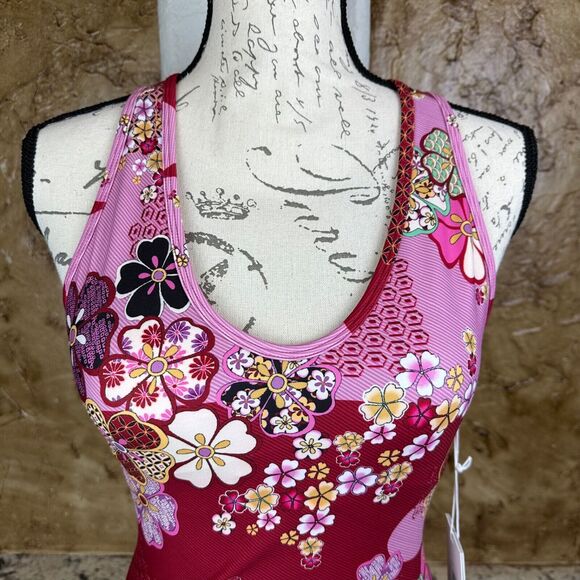 NWT Johnny Was Yama Bee Active Mesh Tank Size XS Pink Maroon Floral Athletic NEW - Picture 2 of 12